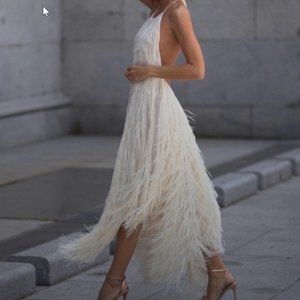 White Fringe Backless Dress